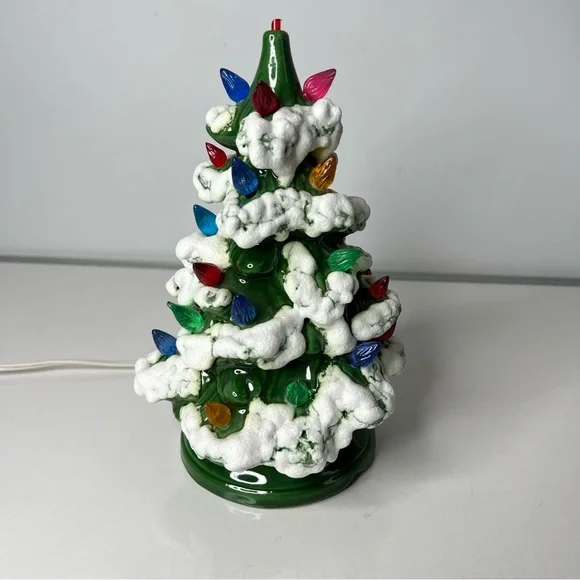Vintage Ceramic Christmas Tree Snow Dated 1984 Green Multi Color 9” Tall